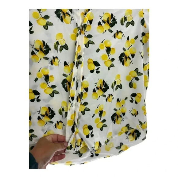 Dalia Womens M White Yellow Hi Low Lemons Popover Top Blouse Roll Tab Sleeve - Picture 4 of 7